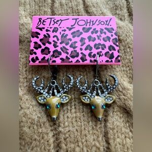 Betsey Johnson Reindeer Drop Earrings Crystal Holiday Winter Jewelry